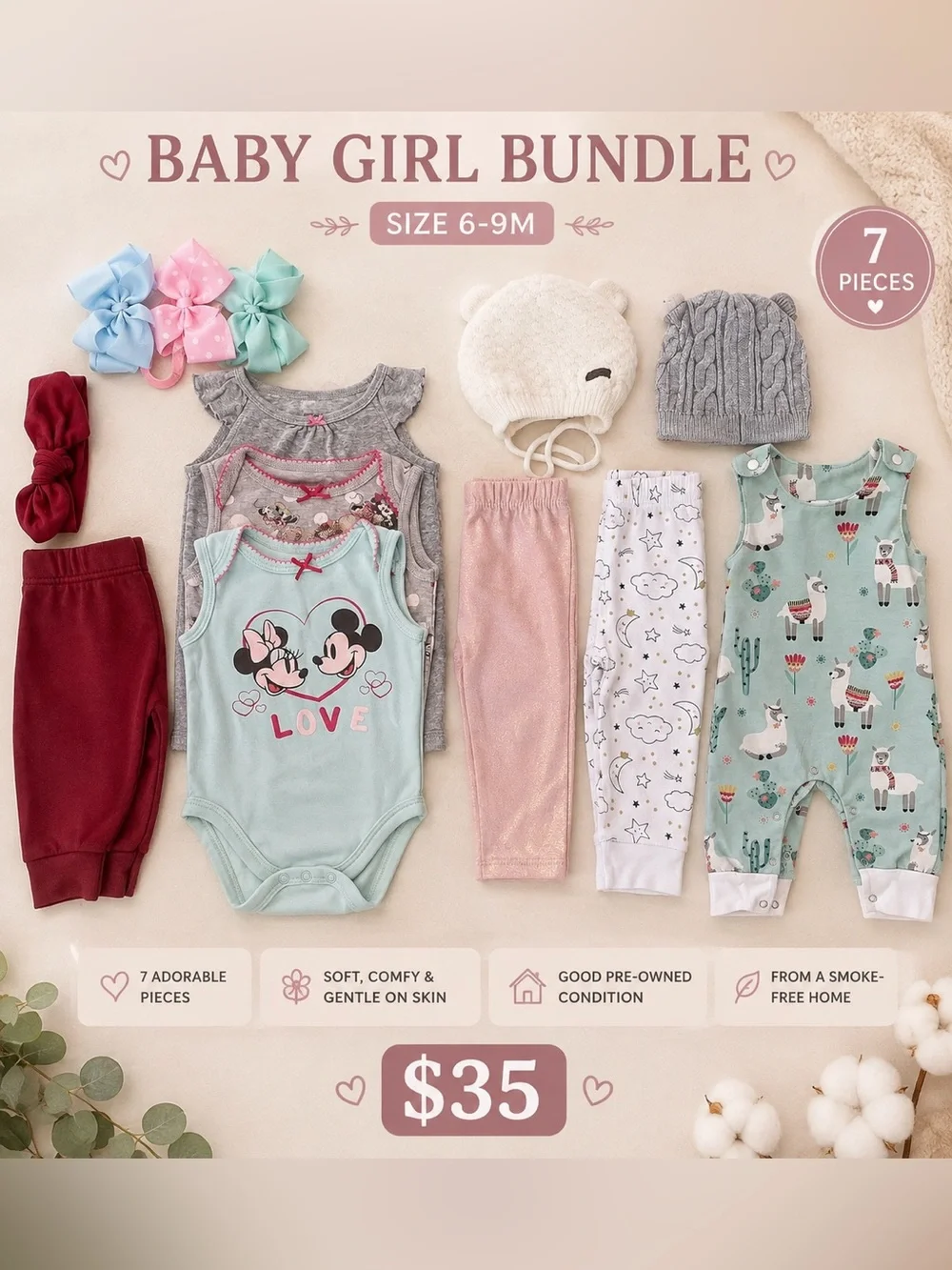 Baby Girl 7-Piece Pajama & Outfit Bundle - Mint Pink Gray